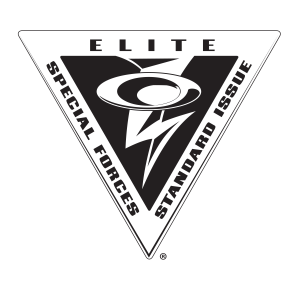 Elite Special Forces Standard Issue logo in a triangle. Black and white emblem with text and a stylized 