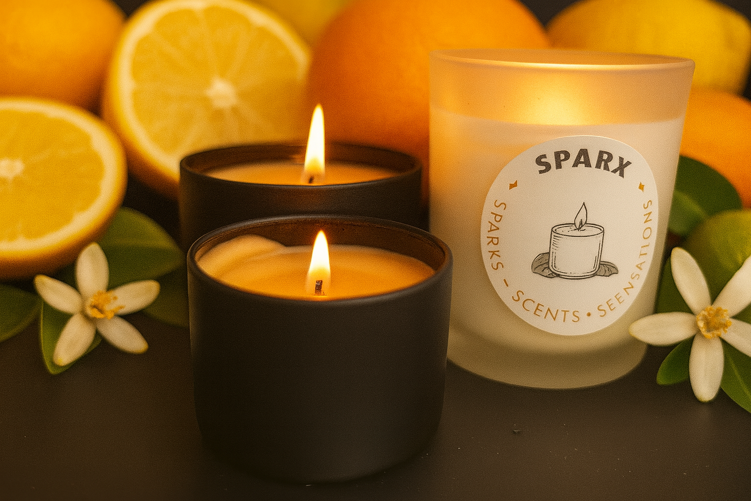 Lit candles with citrus fruit; two black candles and one glass candle with the label 