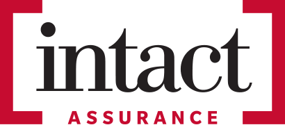 Logo d'Intact Assurance avec texte noir à l'intérieur d'une bordure rouge et blanche.