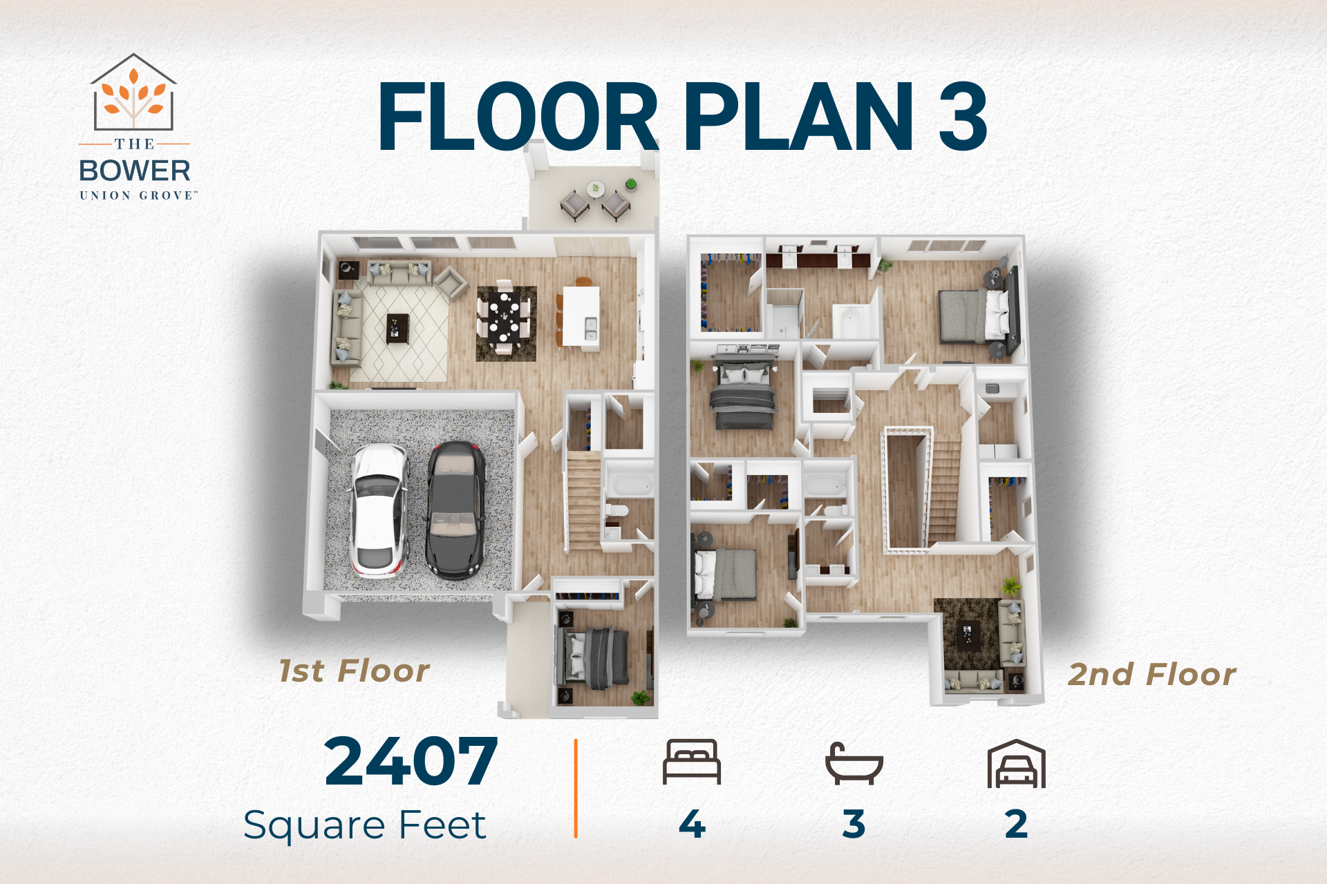 Floor plan of a two-story house, showing the first floor with a garage and living spaces, and the second floor with bedrooms.