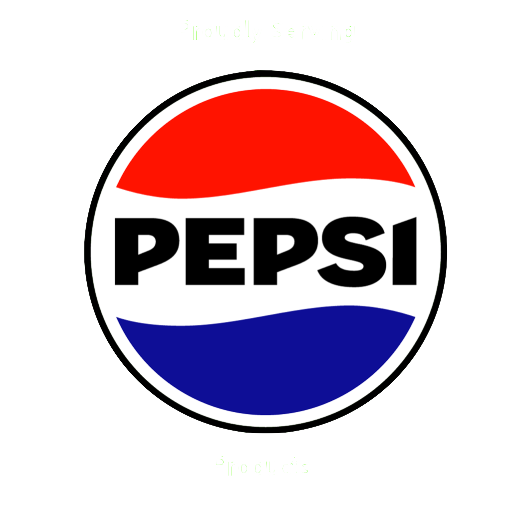 Pepsi logo: red, white, and blue circular emblem with bold black “PEPSI” text
