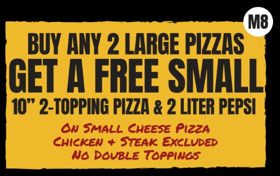 Yellow pizza promo sign: buy 2 large pizzas, get a free small pizza and 2-liter Pepsi.