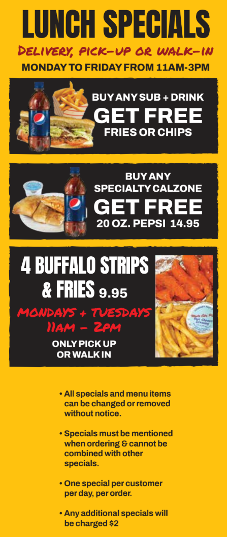 Restaurant lunch specials poster with blue panels, burger and drink deals, and a 4-burrito combo offer.