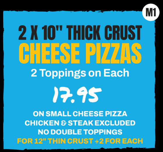 Blue pizza menu sign advertising 2 x 10