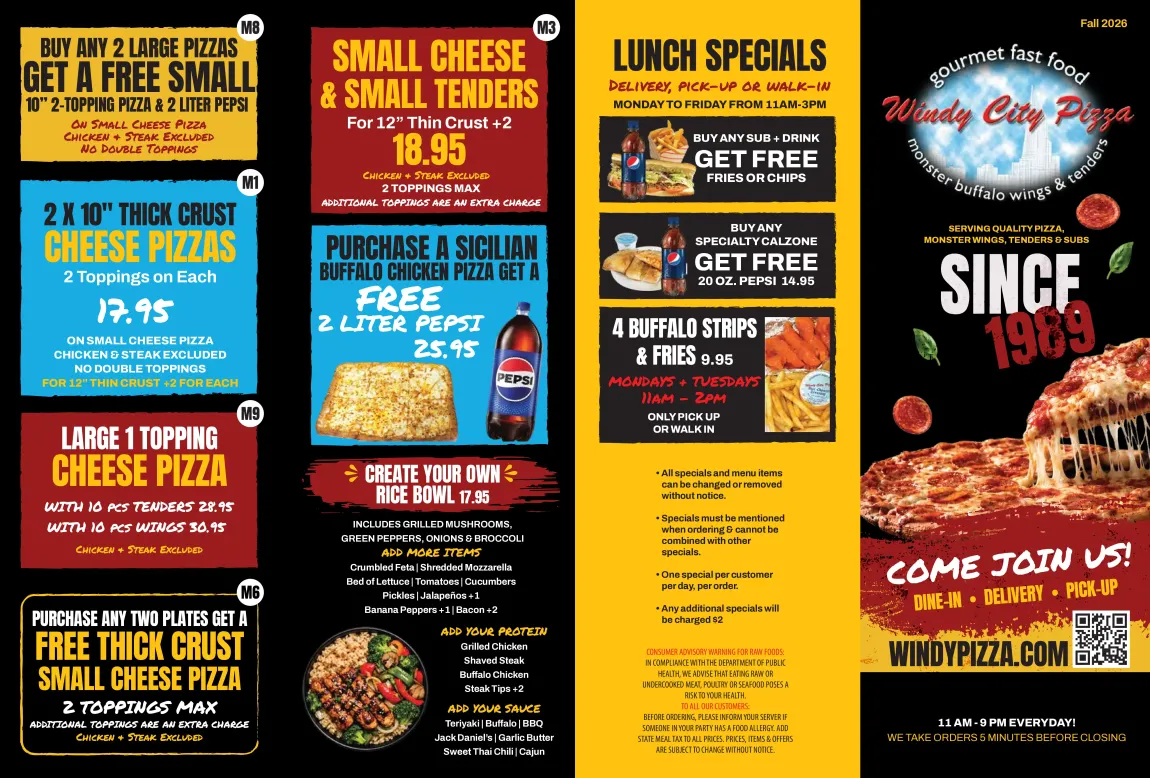 Colorful pizza restaurant menu with specials, prices, and pizza photos on black and yellow panels