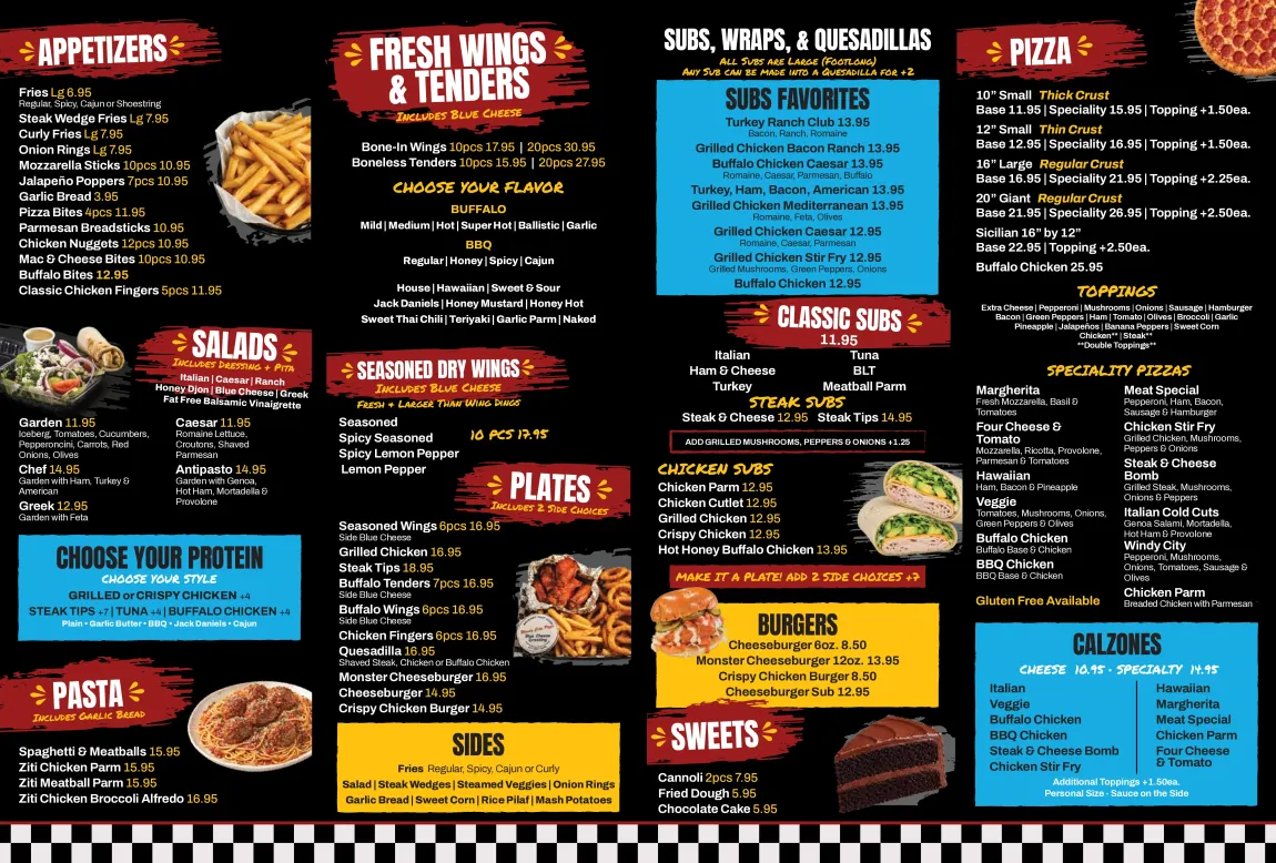 Colorful restaurant menu board with pizza, salads, sides, pastas, and drinks on a black background