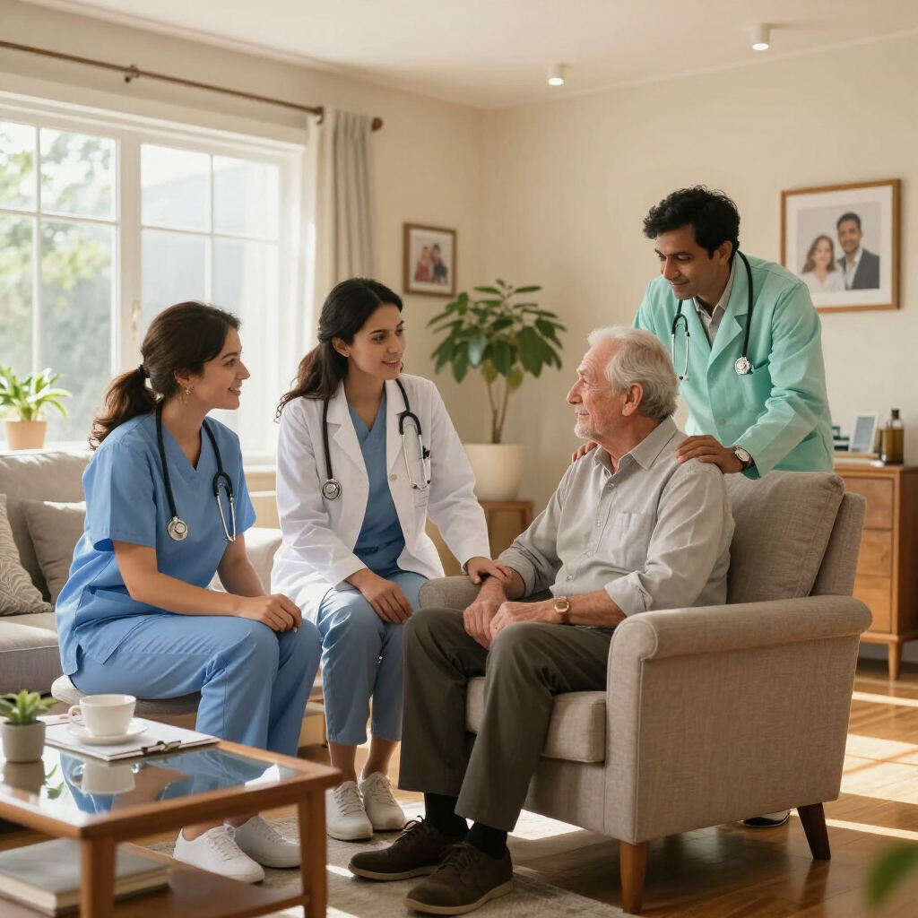 Personal de salud brindando asistencia profesional en una residencia geriátrica en Buenos Aires.