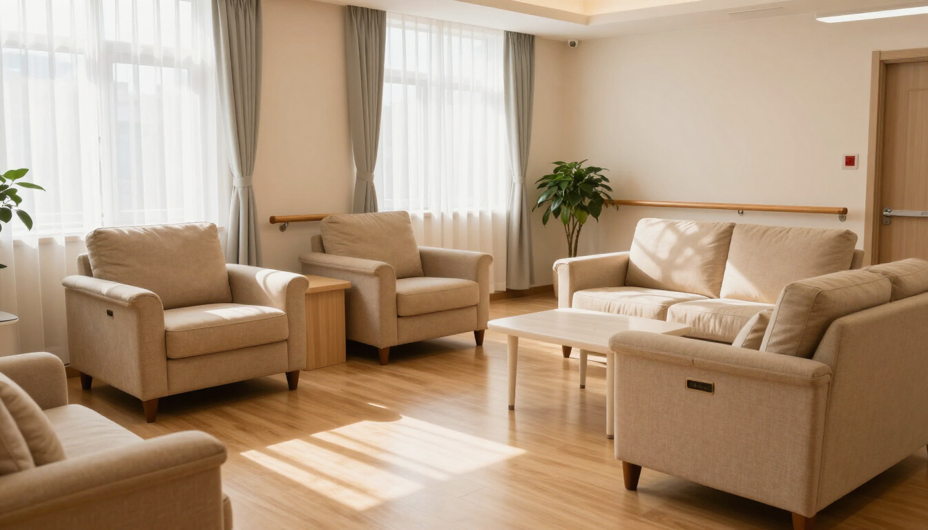 Interior de una residencia geriátrica con mucha luz natural y áreas comunes seguras