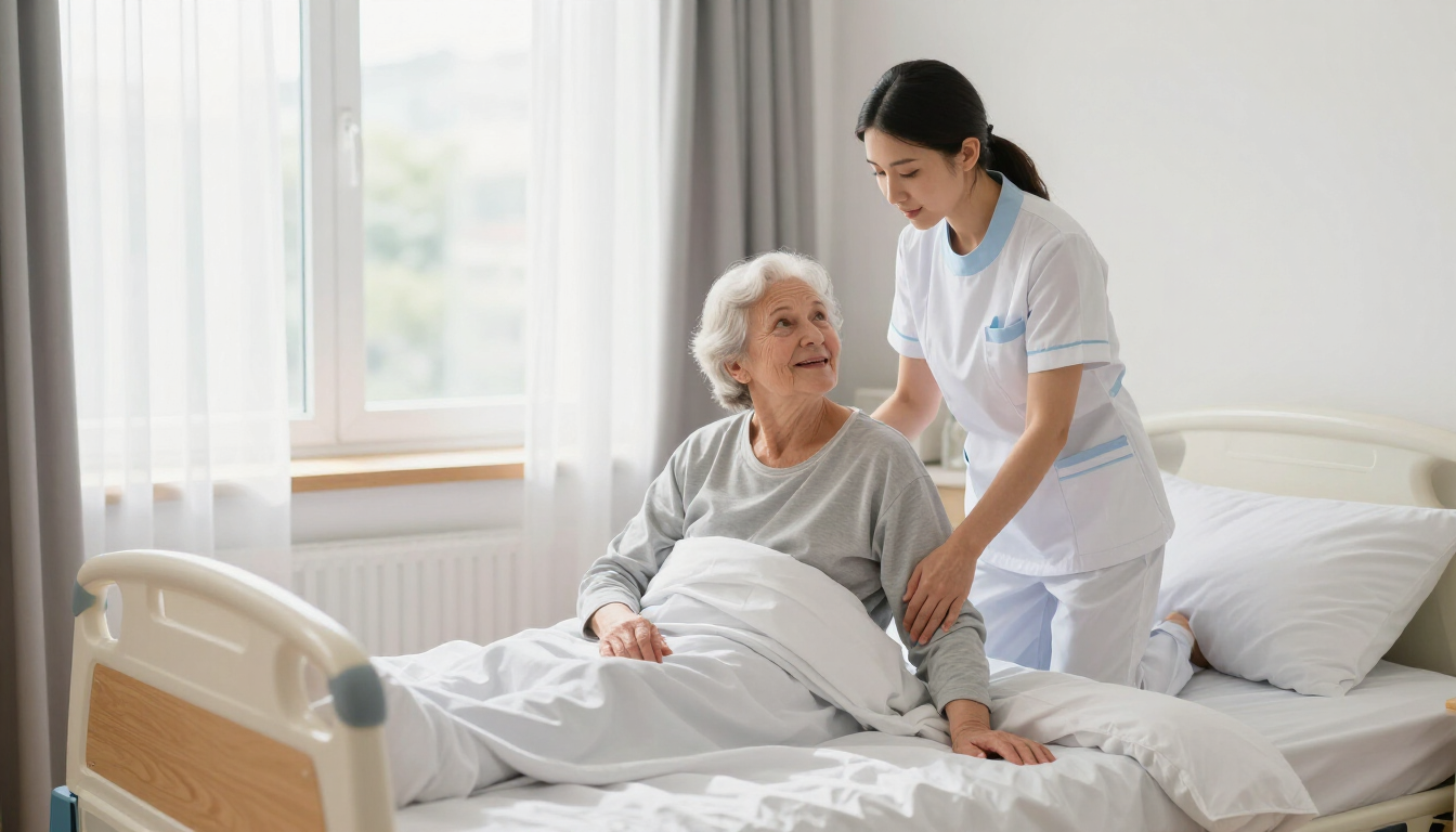 Enfermera profesional asistiendo cordialmente a una persona mayor en su habitación