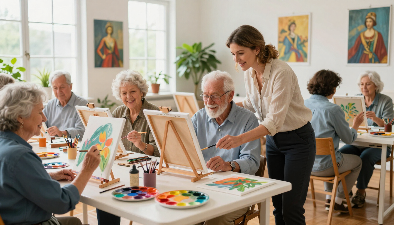 Grupo de adultos mayores participando en un taller de arte y laborterapia