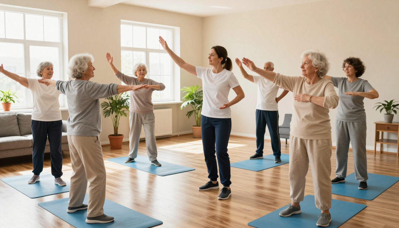 Grupo practicando estiramientos suaves sobre esterillas de yoga en un estudio luminoso con grandes ventanales.