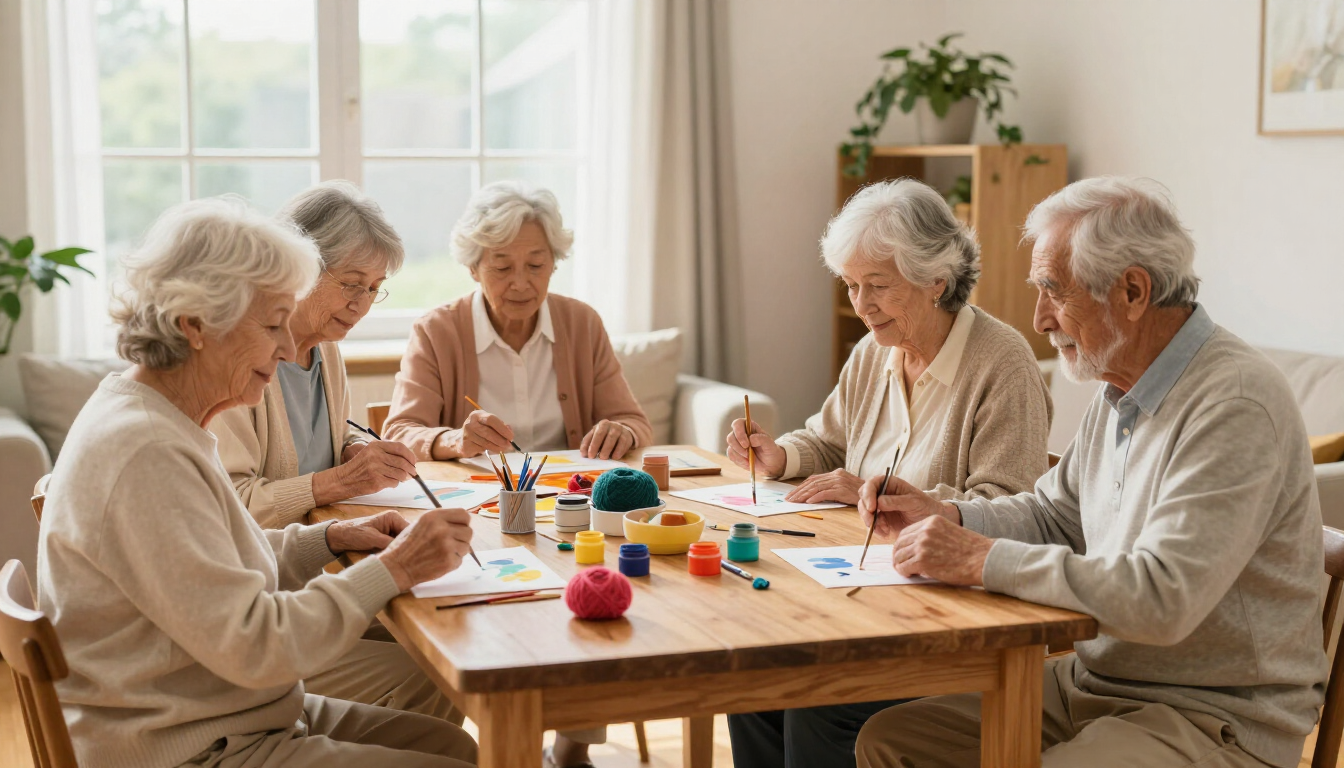 Grupo de adultos mayores jugando a un juego de mesa en una mesa en una sala de estar luminosa.