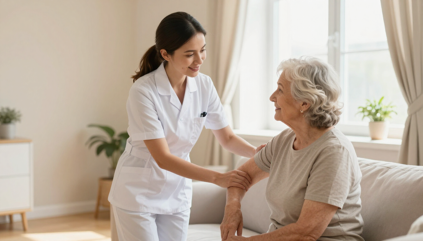 Enfermera con uniforme blanco atiende a una anciana sentada en el interior, junto a una ventana luminosa.