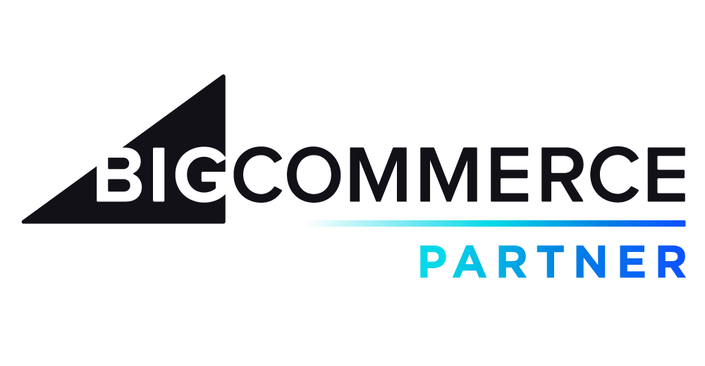 El logotipo grande del socio comercial es un logotipo negro y azul sobre un fondo blanco.