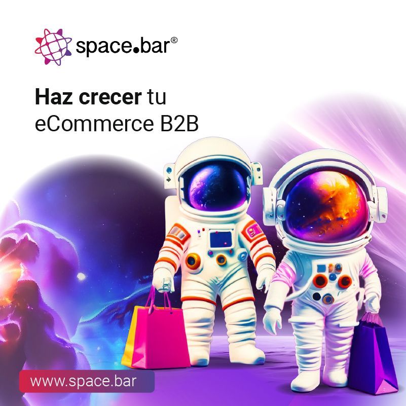Dos astronautas sostienen bolsas de compras en un anuncio de la barra espacial.