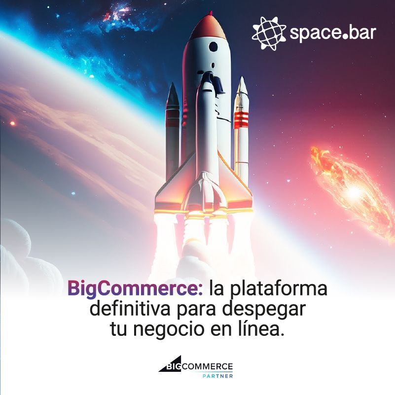A rocket is flying through space with the words big commerce la plataforma definitiva para despegar tu negocio en linea