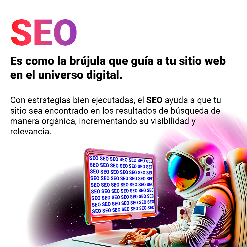 Un anuncio de SEO en español con un astronauta usando una computadora portátil