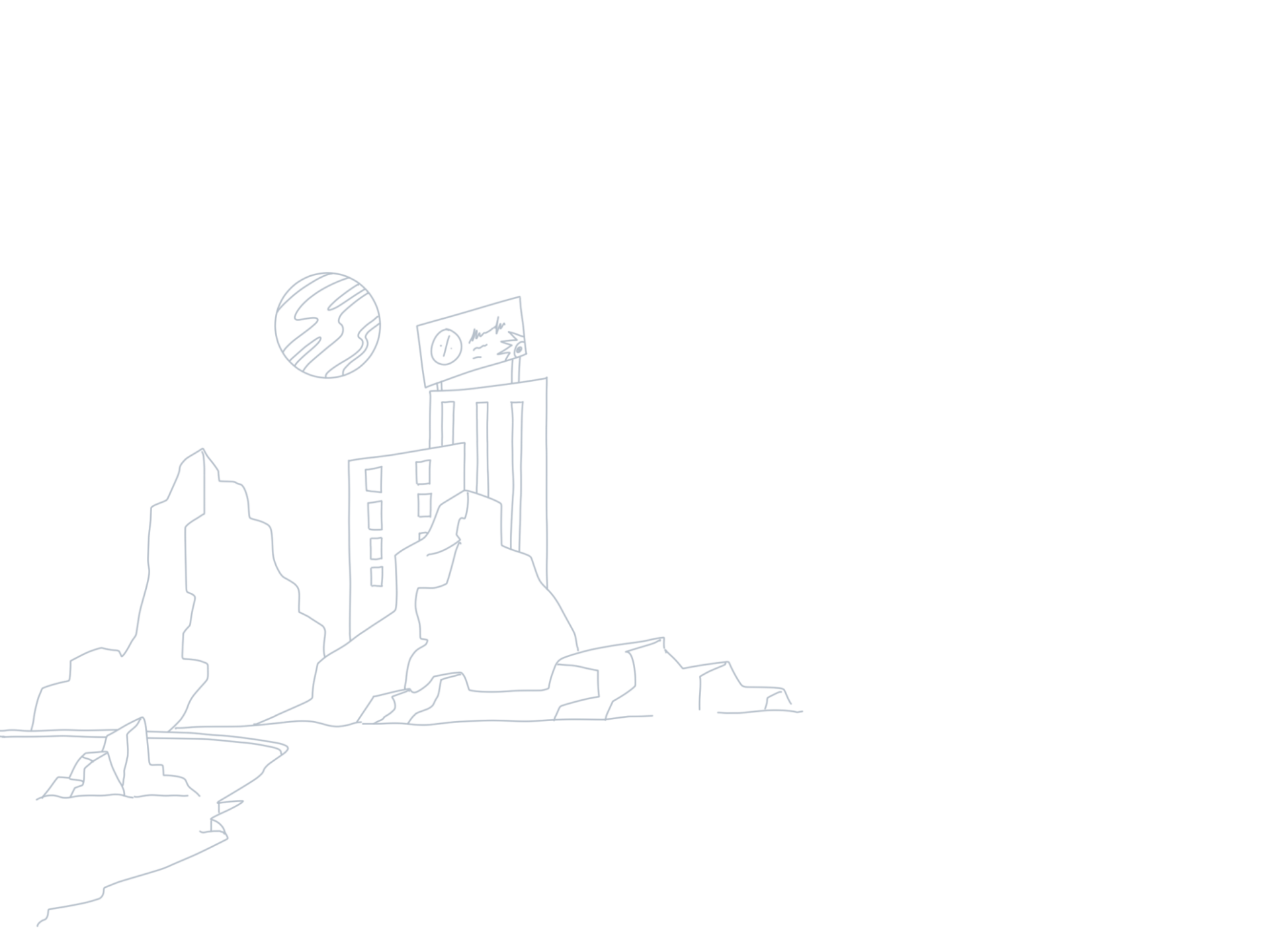 Un dibujo en blanco y negro de un castillo en la cima de una montaña.