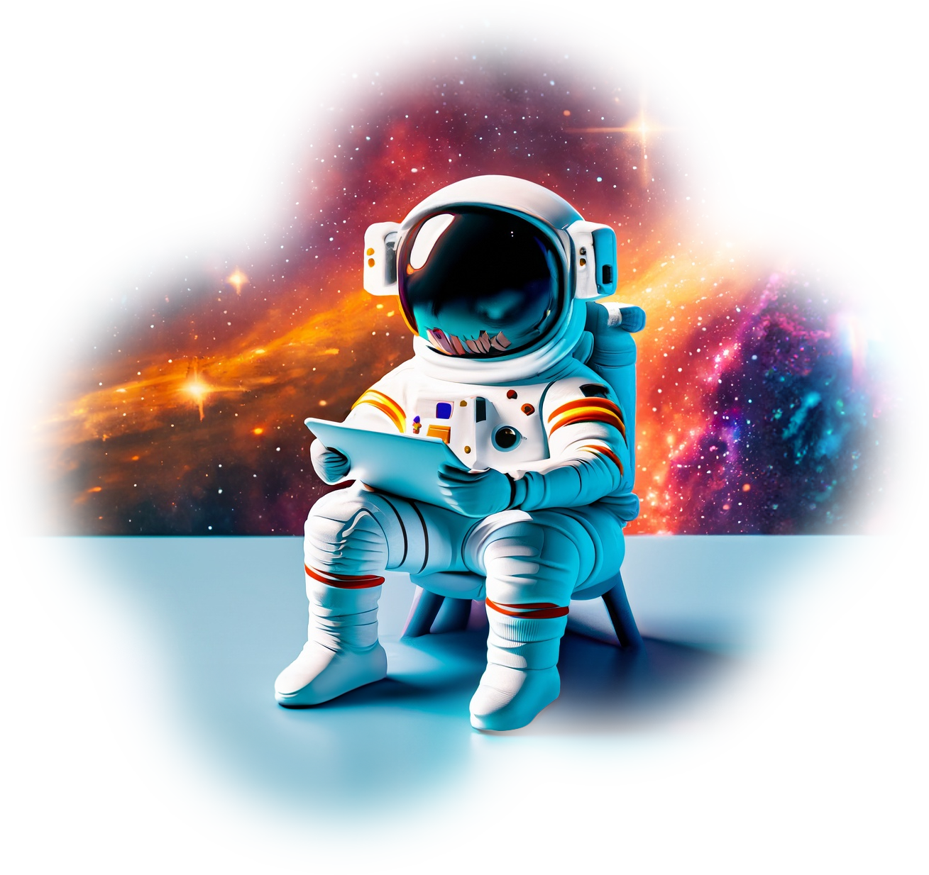 Una figura de un astronauta sentado en una silla usando una tableta