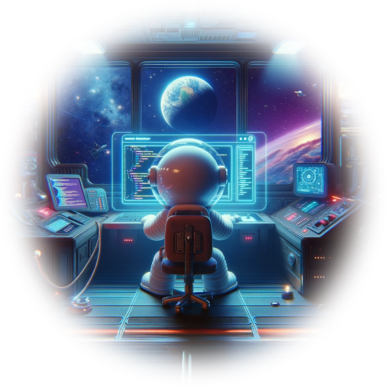 Un astronauta está sentado frente a una computadora en una sala de control.