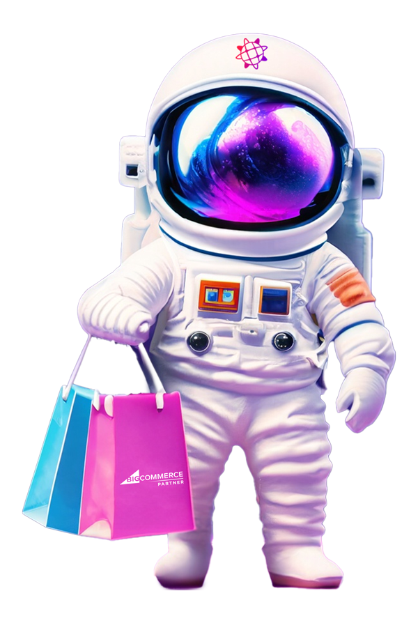 Un astronauta sostiene dos bolsas de compras.
