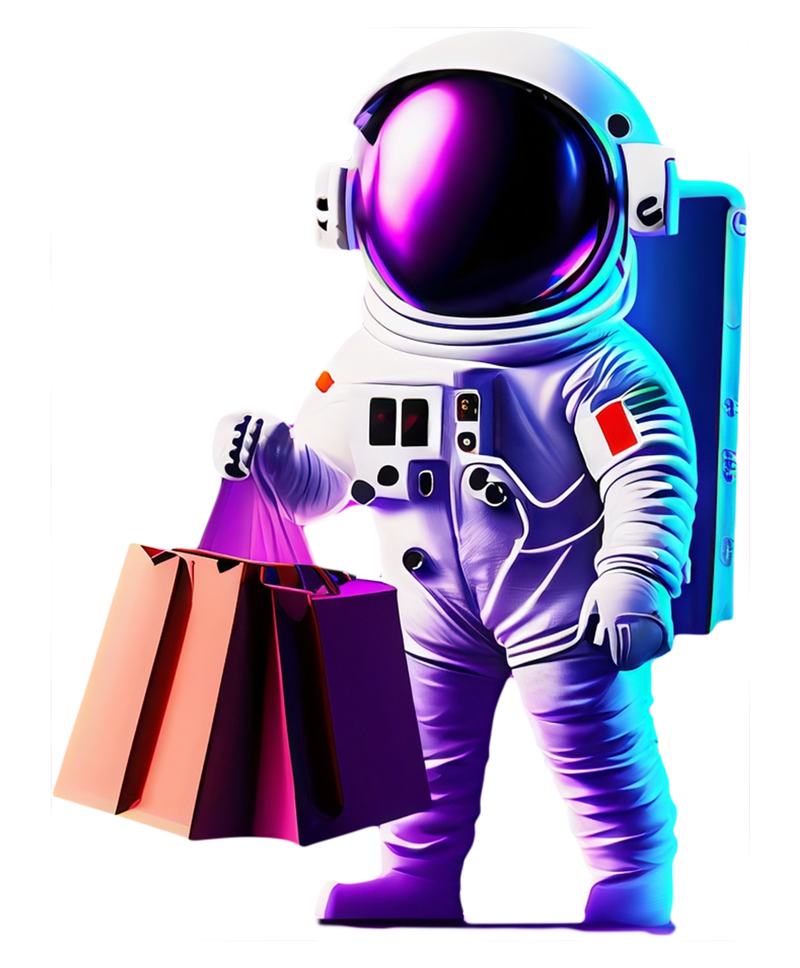 Un astronauta sostiene una bolsa de compras y una tableta.