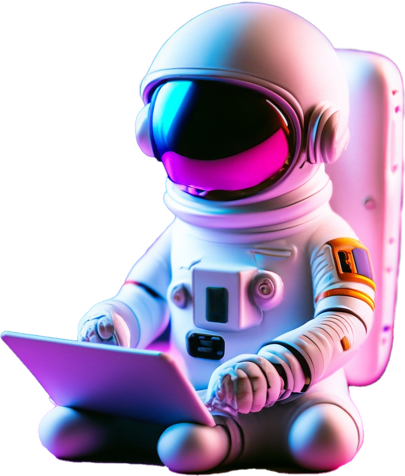 Un astronauta de dibujos animados está sentado usando una tableta.