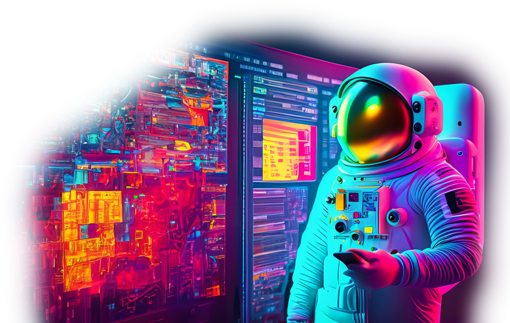 Un astronauta sostiene un teléfono celular frente a la pantalla de una computadora.