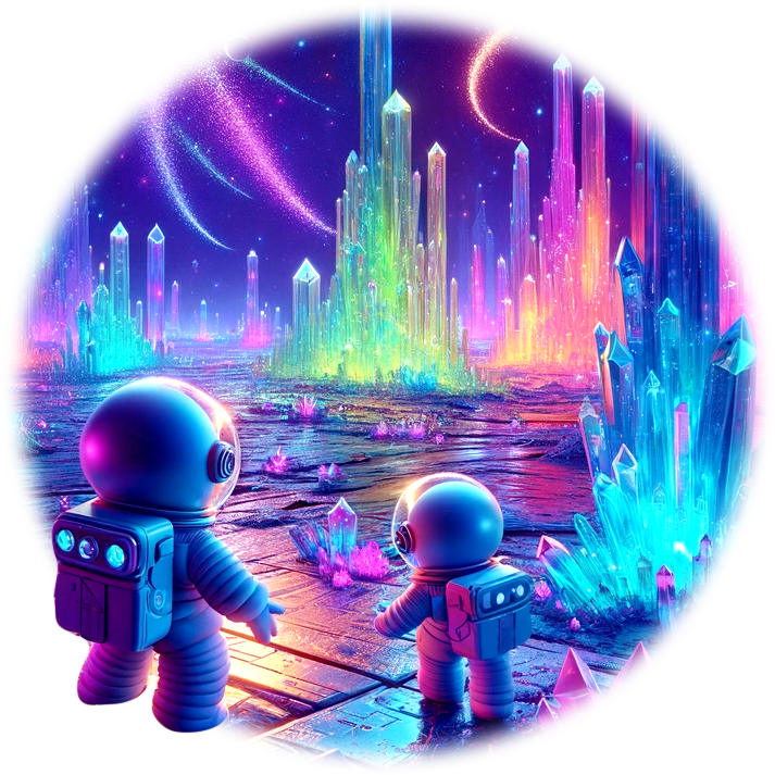 Dos astronautas están uno al lado del otro frente a un paisaje colorido.