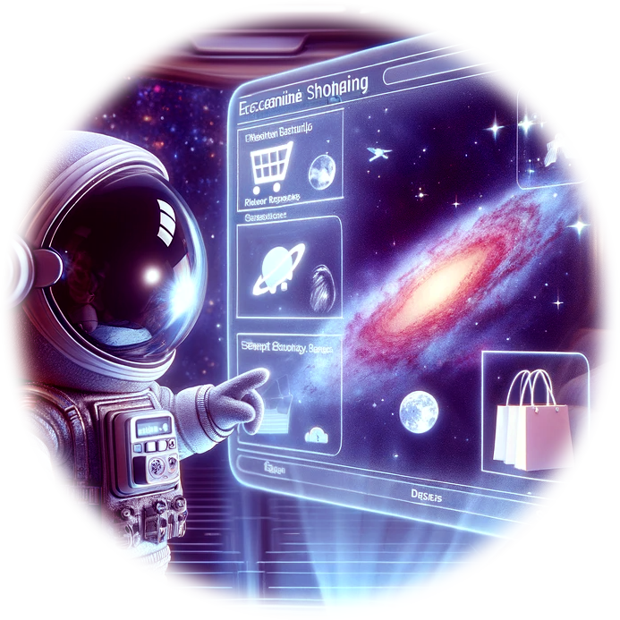 Un astronauta apunta a una pantalla que dice compras exclusivas
