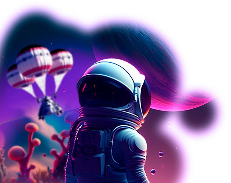 Un astronauta con traje espacial está parado frente a globos.