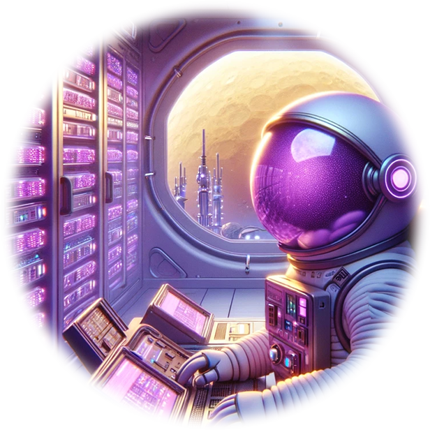 Un astronauta con un casco morado mira por una ventana.