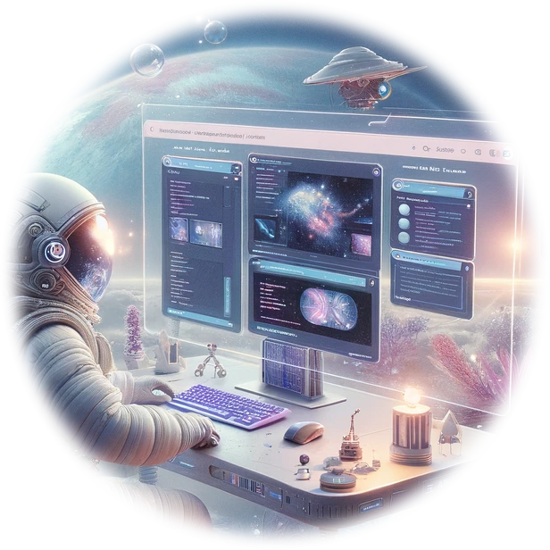 Un astronauta está sentado en un escritorio frente a un monitor de computadora.