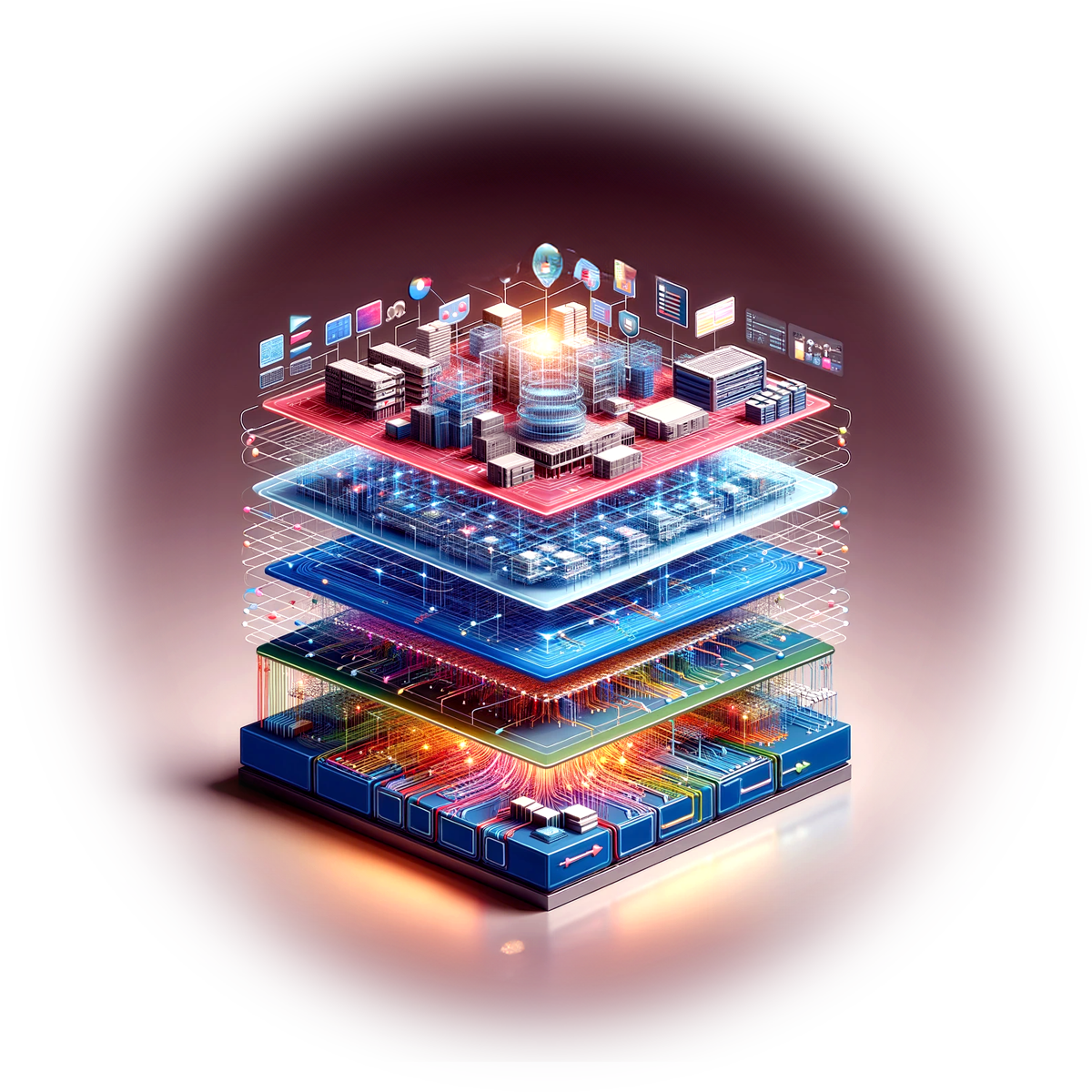Una imagen generada por computadora de una ciudad apilada una encima de la otra.