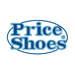 El logotipo de Price Shoes es azul y blanco sobre un fondo blanco.