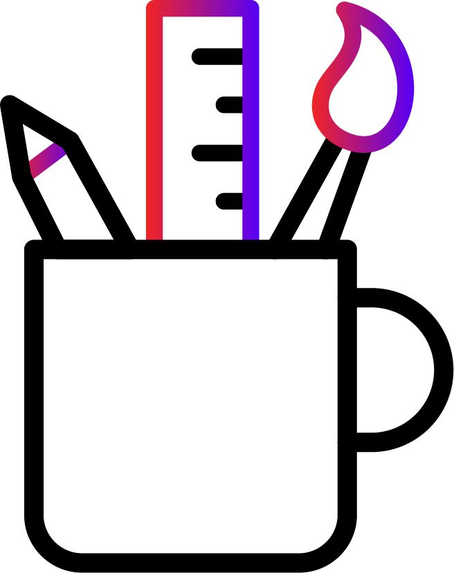 Un vaso lleno de lápices, una regla y un pincel.
