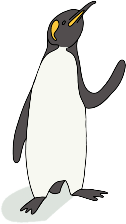 Un pingüino blanco y negro con pico amarillo agita la mano.
