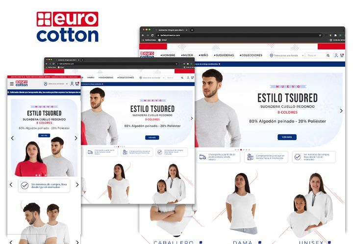 El sitio web del euro algodón se muestra en una computadora, tableta y teléfono.