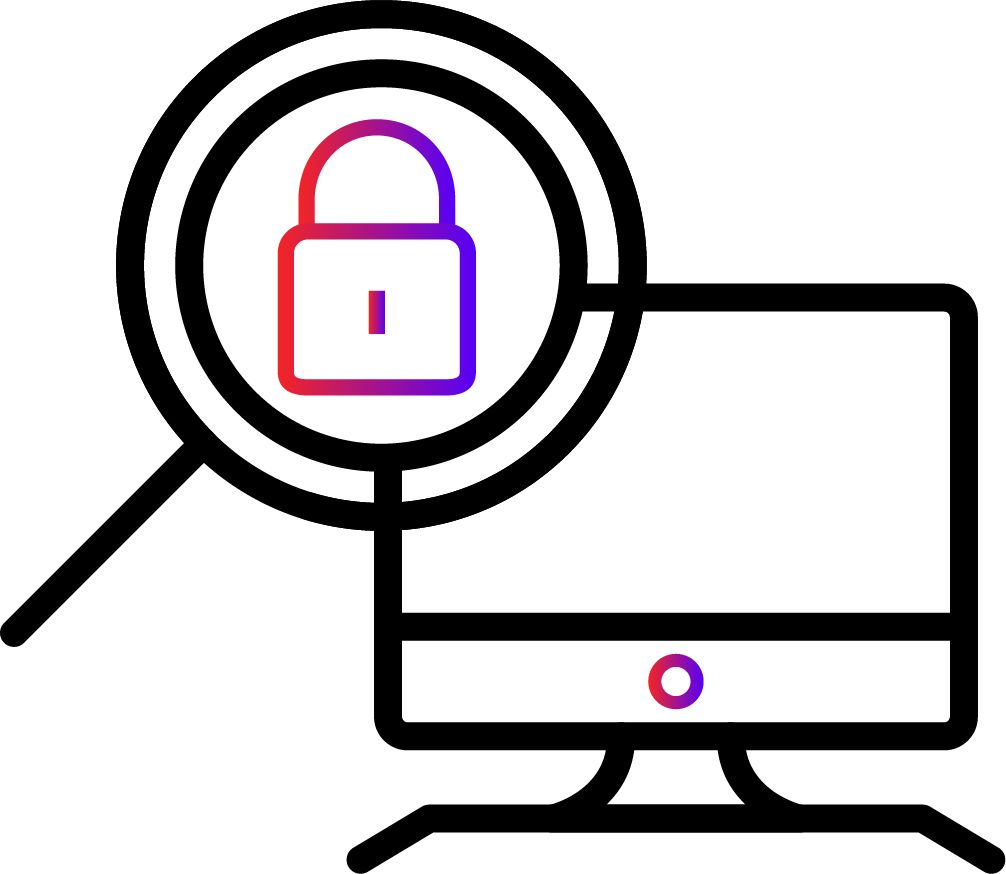 Un monitor de computadora con una lupa y un candado.