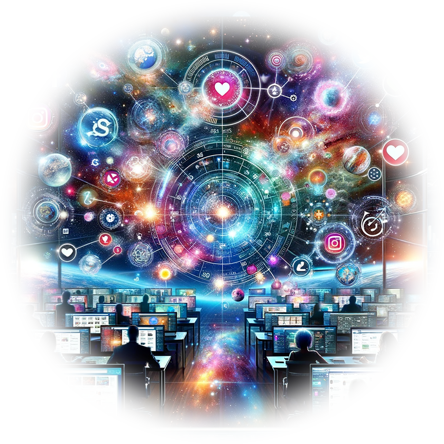 Un grupo de personas sentadas en escritorios frente a monitores de computadora con un fondo colorido.