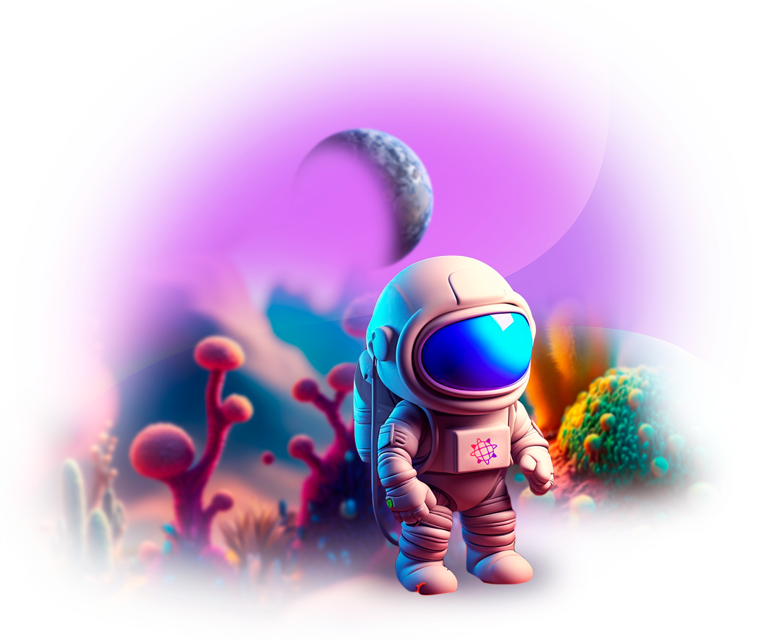 Un astronauta de dibujos animados está parado frente a un fondo morado.