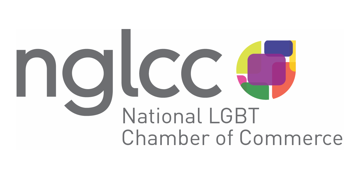 Logo for the National LGBT Chamber of Commerce (NGLCC); gray text, colorful geometric shapes.
