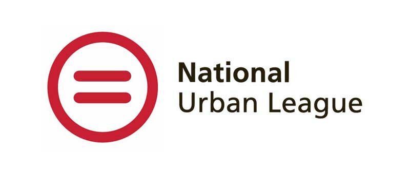 Logo of the National Urban League with a red circle and two horizontal lines inside. Black text.