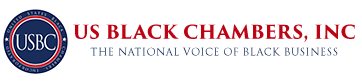 Logo for the US Black Chambers, Inc. Text in red next to a navy blue circular logo that reads 