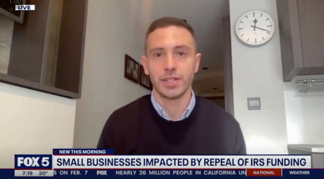 Man speaking on a Fox News segment titled: Small Businesses Impacted by Repeal of IRS Funding.