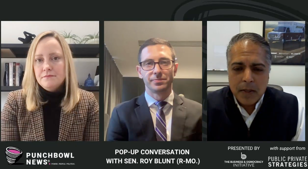 Three people in a video conference; Punchbowl News logo at the bottom-left; the text reads: