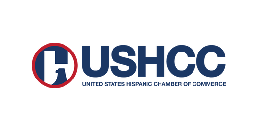 Logo for the United States Hispanic Chamber of Commerce; a blue and red circular symbol with the letters 