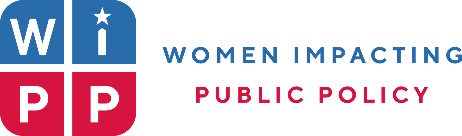 Logo for Women Impacting Public Policy. Blue and red squares form a cross with the initials WI and PP. Text reads 