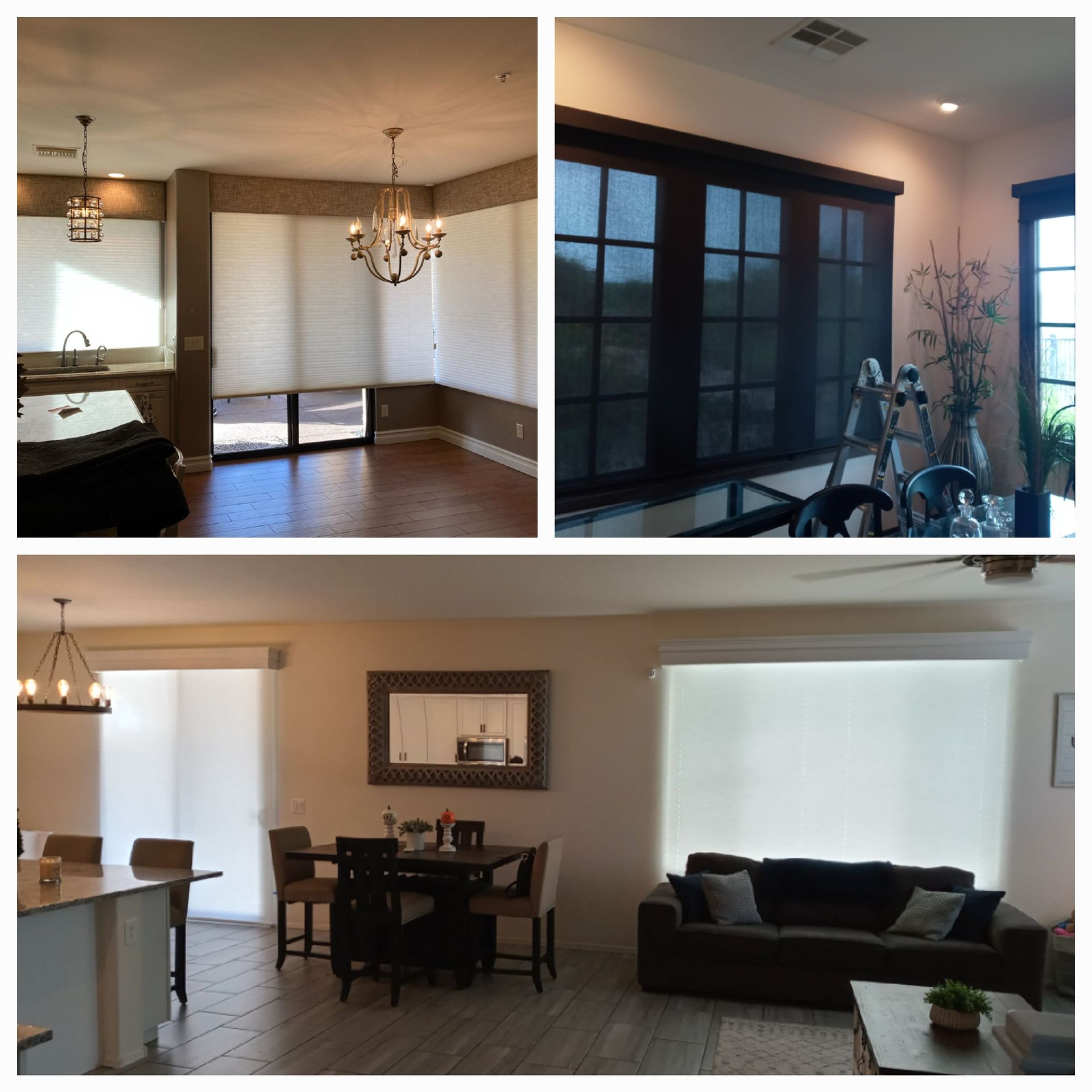 Three interior shots of homes with roller shades; two are in living rooms, one is in a kitchen.