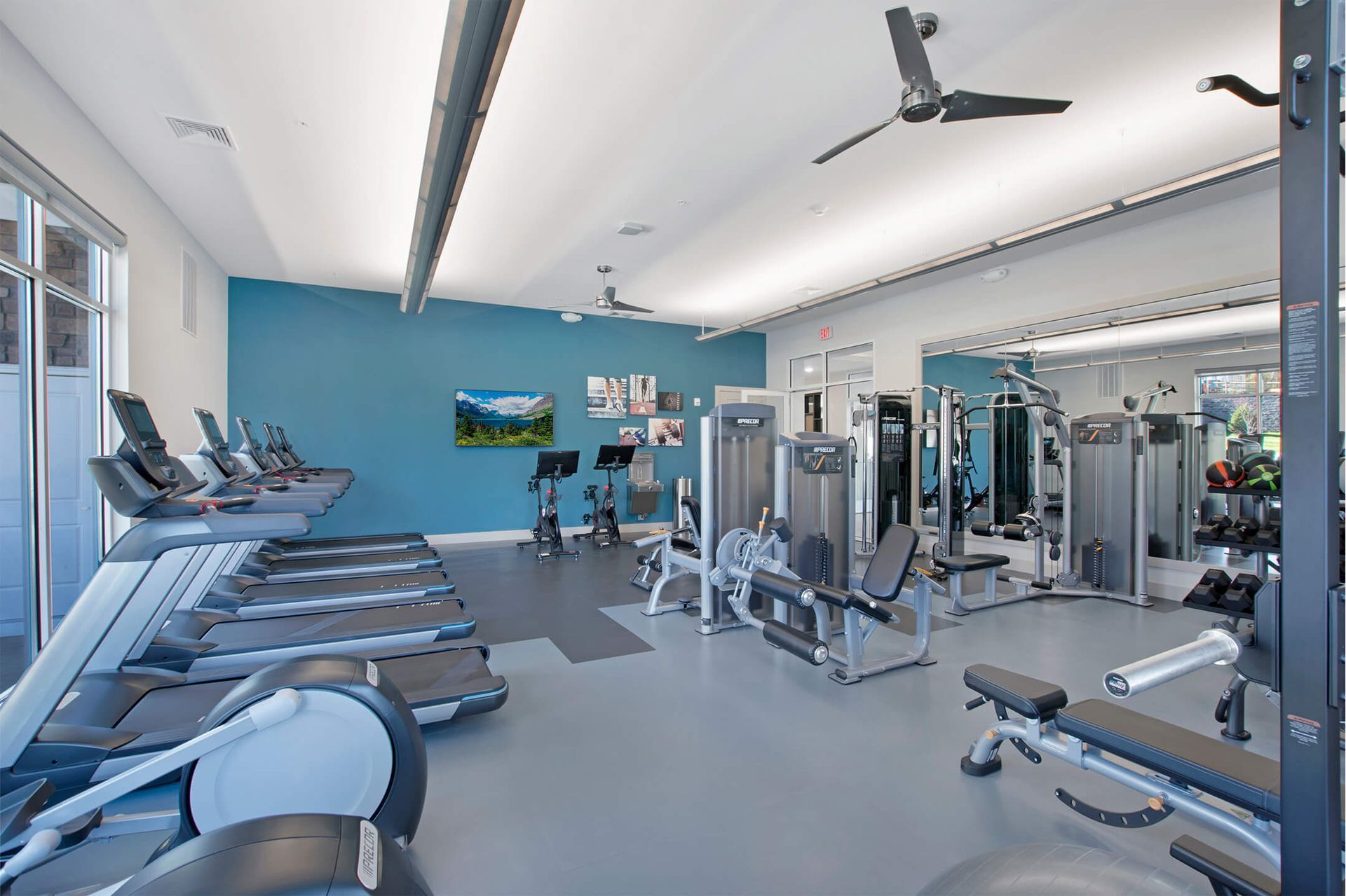 Bright apartment community gym with treadmills, stationary bikes, and weight machines at The Parc at Roxbury in  Roxbury, NJ.